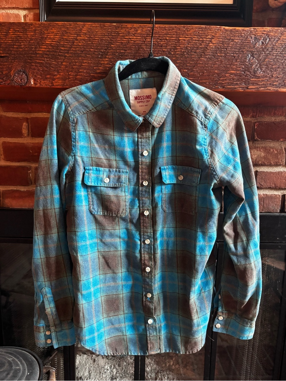 Mossimo Supply Co. Turquoise and Brown Plaid Button-Up Shirt